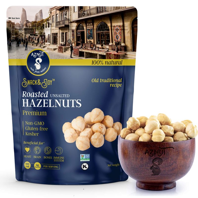 AZNUT Roasted Unsalted Hazelnuts 4 LB, Premium Quality 100% Natural Non-GMO Project Certified, Kosher Certified, No Salt, No Oil, Gluten Free, Keto Diet Snacks, Resealable Bag (4 LB)