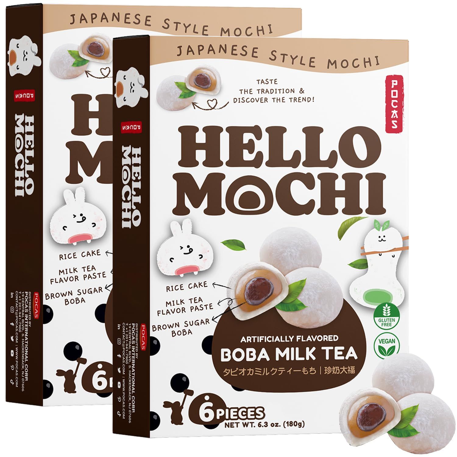 Pocas Hello Mochi, Boba Milk Tea 2-Pack - Soft and Chewy Japanese Snacks, Sweet Rice Cake, Brown Sugar Boba Milk Tea Mochi, Gluten-Free, 6.3 Oz Ea
