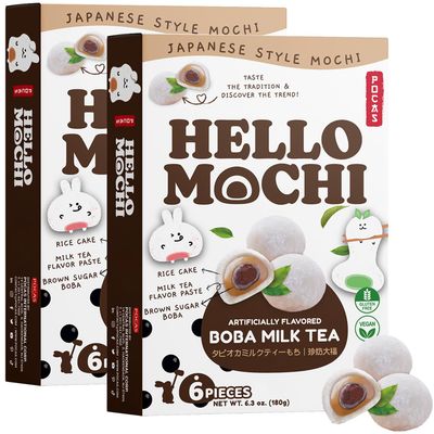 Pocas Hello Mochi, Boba Milk Tea 2-Pack - Soft and Chewy Japanese Snacks, Sweet Rice Cake, Brown Sugar Boba Milk Tea Mochi, Gluten-Free, 6.3 Oz Ea