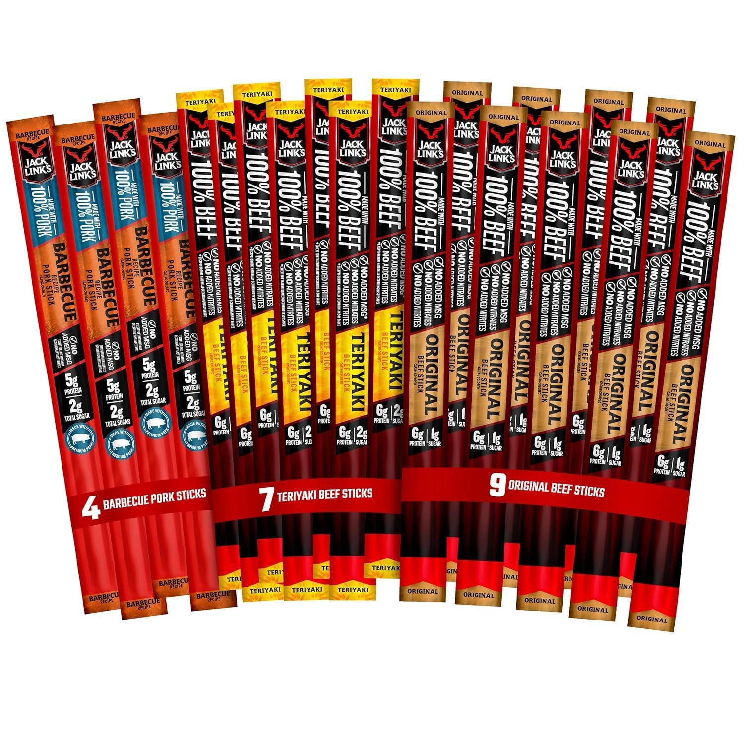 Jack Link&#39;s Meat Sticks Variety Pack, Original, Teriyaki, and Barbecue Pork - Protein Snack, Meat Snack Sticks Made with 100% Beef or Pork, Keto Friendly - 0.92 Oz. (20 Count)