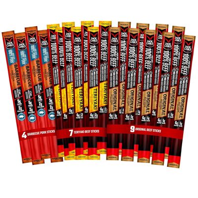 Jack Link&#39;s Meat Sticks Variety Pack, Original, Teriyaki, and Barbecue Pork - Protein Snack, Meat Snack Sticks Made with 100% Beef or Pork, Keto Friendly - 0.92 Oz. (20 Count)