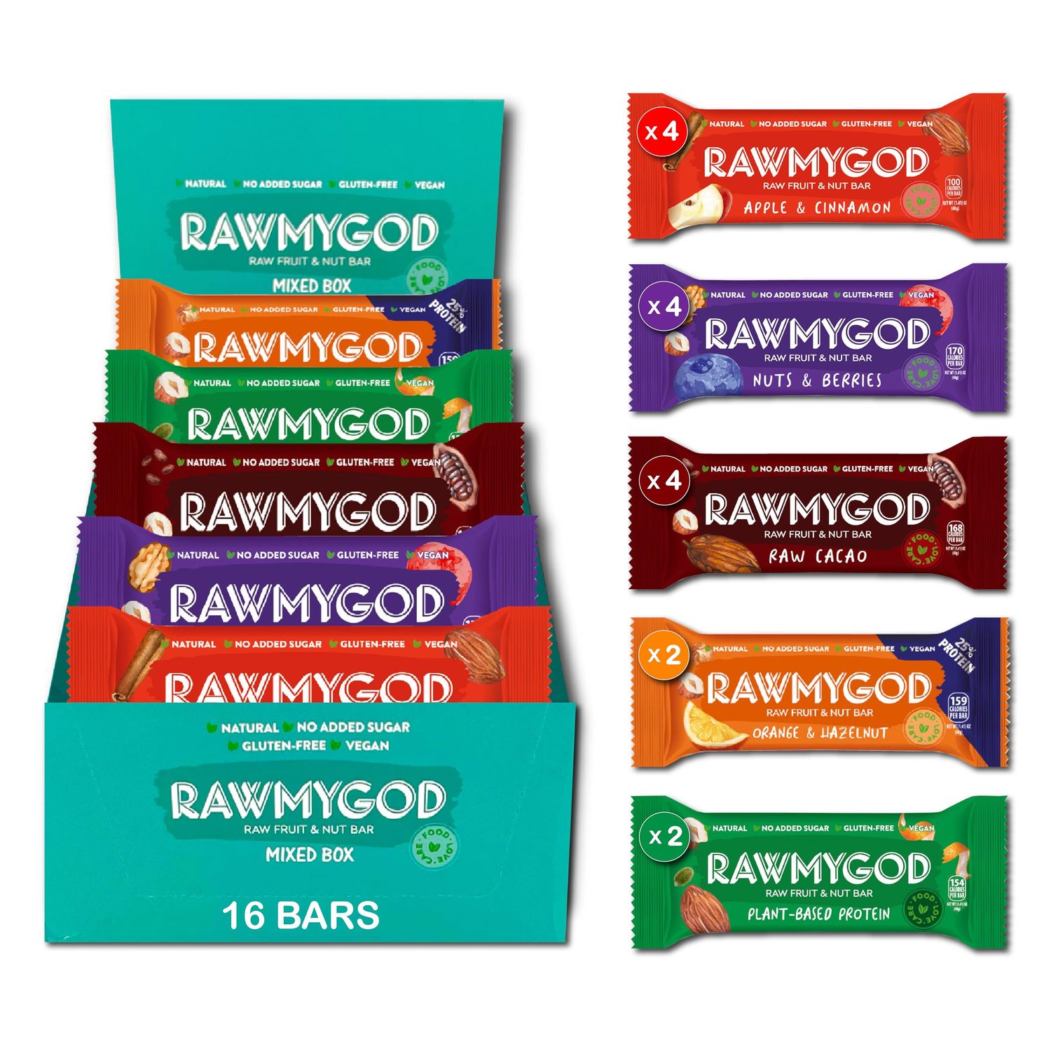 RAWMYGOD Fruit and Nut Bars, Gluten Free, Vegan, No Added Sugar (16 bars, Variety Pack - 4 Apple &amp; Cinnamon, 4 Nuts &amp; Berries, 4 Raw Cacao, 2 Orange &amp; Hazelnut and 2 Fruit &amp; Nut bars)
