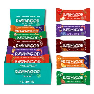RAWMYGOD Fruit and Nut Bars, Gluten Free, Vegan, No Added Sugar (16 bars, Variety Pack - 4 Apple &amp; Cinnamon, 4 Nuts &amp; Berries, 4 Raw Cacao, 2 Orange &amp; Hazelnut and 2 Fruit &amp; Nut bars)