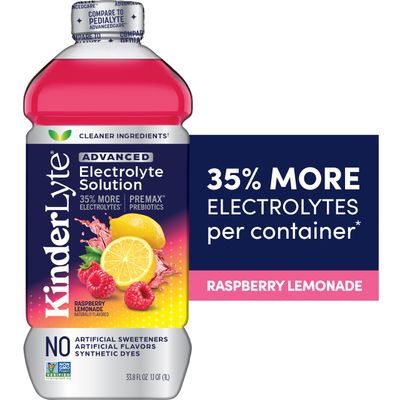 Kinderlyte Advanced Electrolyte Solution, 2X Faster Hydration vs. Water Alone, No Artificial Sweeteners or Flavors, No Synthetic Dyes, Raspberry Lemonade, for Kids and Adults, 33.8 fl oz (Pack of 6)