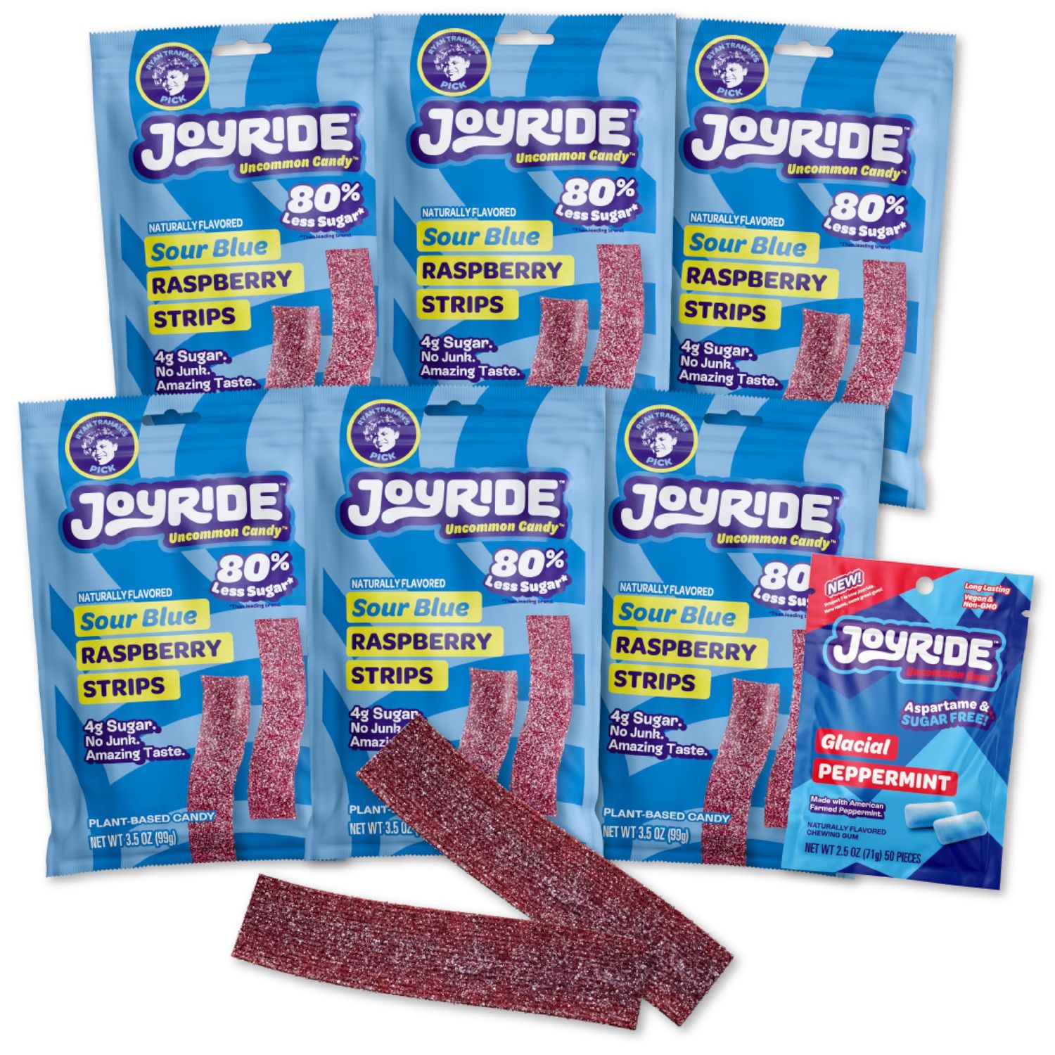 JOYRIDE Blue Raspberry Sour Strips - 3.5 oz 6-Pack Bundle with 2.5oz Glacial Peppermint Gum, Low Sugar, Sour Belt Candy, Dye Free, Low Calorie Snacks, Healthy Candy (7 Items)
