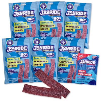 JOYRIDE Blue Raspberry Sour Strips - 3.5 oz 6-Pack Bundle with 2.5oz Glacial Peppermint Gum, Low Sugar, Sour Belt Candy, Dye Free, Low Calorie Snacks, Healthy Candy (7 Items)