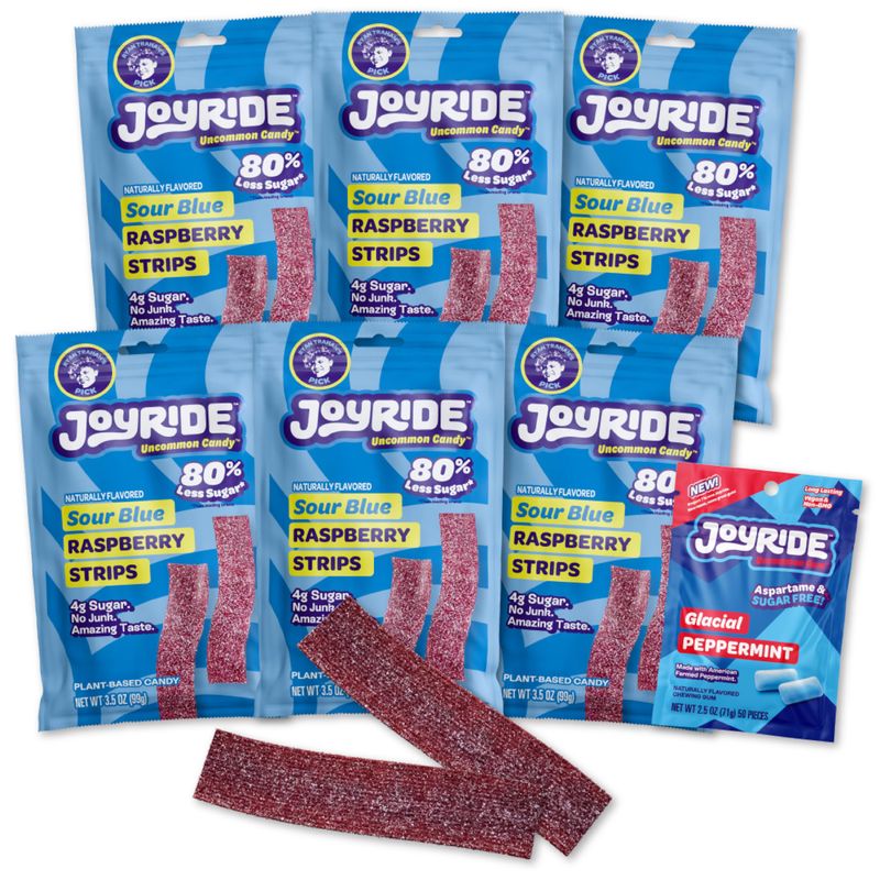 JOYRIDE Blue Raspberry Sour Strips - 3.5 oz 6-Pack Bundle with 2.5oz Glacial Peppermint Gum, Low Sugar, Sour Belt Candy, Dye Free, Low Calorie Snacks, Healthy Candy (7 Items)