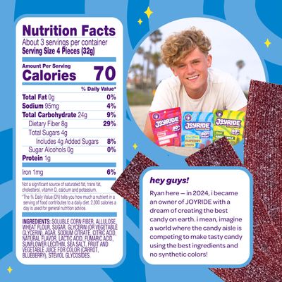 JOYRIDE Blue Raspberry Sour Strips - 3.5 oz 6-Pack Bundle with 2.5oz Glacial Peppermint Gum, Low Sugar, Sour Belt Candy, Dye Free, Low Calorie Snacks, Healthy Candy (7 Items)