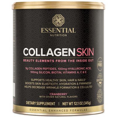 Essential Nutrition - Collagen Skin - Hydrolyzed Collagen Peptides, with Hyaluronic Acid, Silicon &amp; Biotin - Hair, Skin &amp; Nails - Cranberry - 12.1 oz (30 Servings)