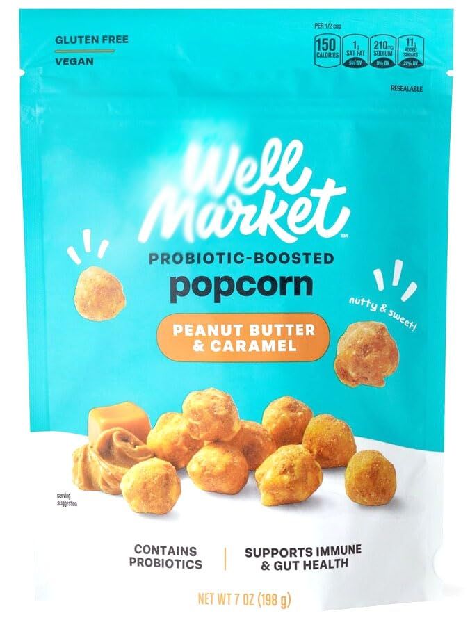 Peanut Butter &amp; Caramel Probiotic Infused Popcorn, 7oz Well Market Bag, Snack Snacking Food Treat Gift For Friends Family