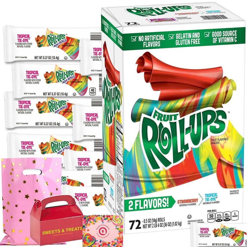 Fruit Roll Up Variety  Strawberry &amp; Tropical Tie Dye  Gelatin &amp; Gluten Free  After School Lunch Picnic Birthday Party Dessert  Card &amp; Box Included - 72 Pack