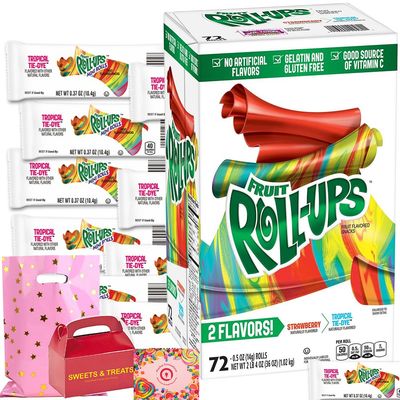 Fruit Roll Up Variety  Strawberry &amp; Tropical Tie Dye  Gelatin &amp; Gluten Free  After School Lunch Picnic Birthday Party Dessert  Card &amp; Box Included - 72 Pack