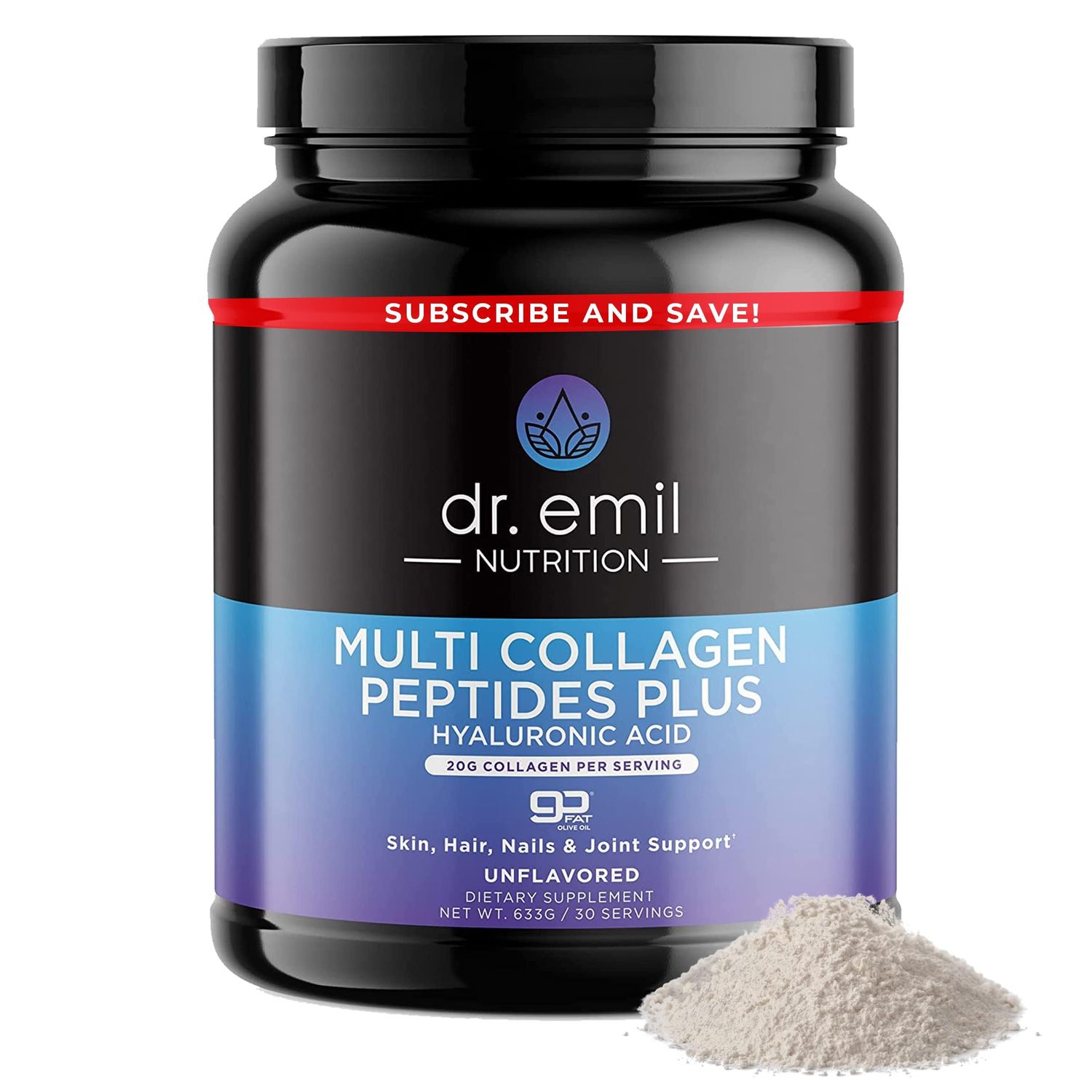 DR. EMIL NUTRITION Multi Collagen Peptides Powder - 20g of Unflavored Hydrolyzed Collagen Protein Powder with Hyaluronic Acid for Hair, Skin, Nails and Joints - 30 Servings
