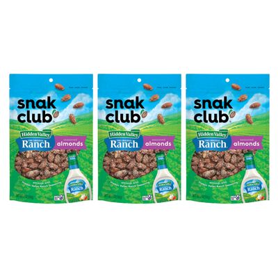 Snak Club Almonds with Hidden Valley Ranch Seasoning, Roasted Almonds, Gluten-Free and Kosher Snack, 7 oz Resealable Bags, 3 Pack