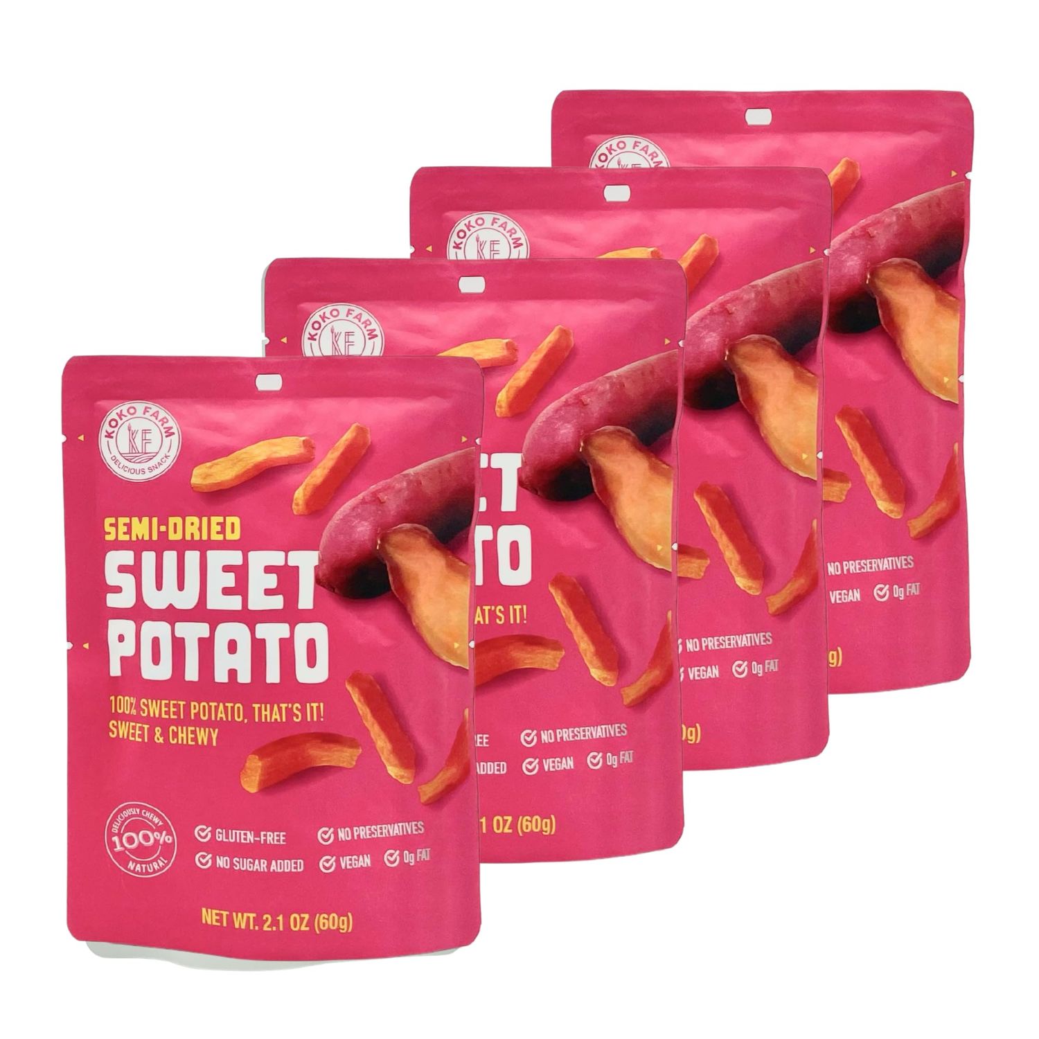KOKO FARM Semi-Dried Sweet Potato Snack, 2.1 Ounce Bag (Pack of 4), Healthy, Chewy, Vegan, No Added Sugar, No Fat, Gluten Free Snacks, Plant-Based, Non-GMO, Superfood Snack