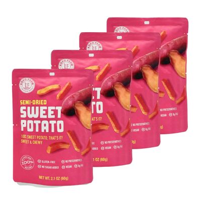KOKO FARM Semi-Dried Sweet Potato Snack, 2.1 Ounce Bag (Pack of 4), Healthy, Chewy, Vegan, No Added Sugar, No Fat, Gluten Free Snacks, Plant-Based, Non-GMO, Superfood Snack