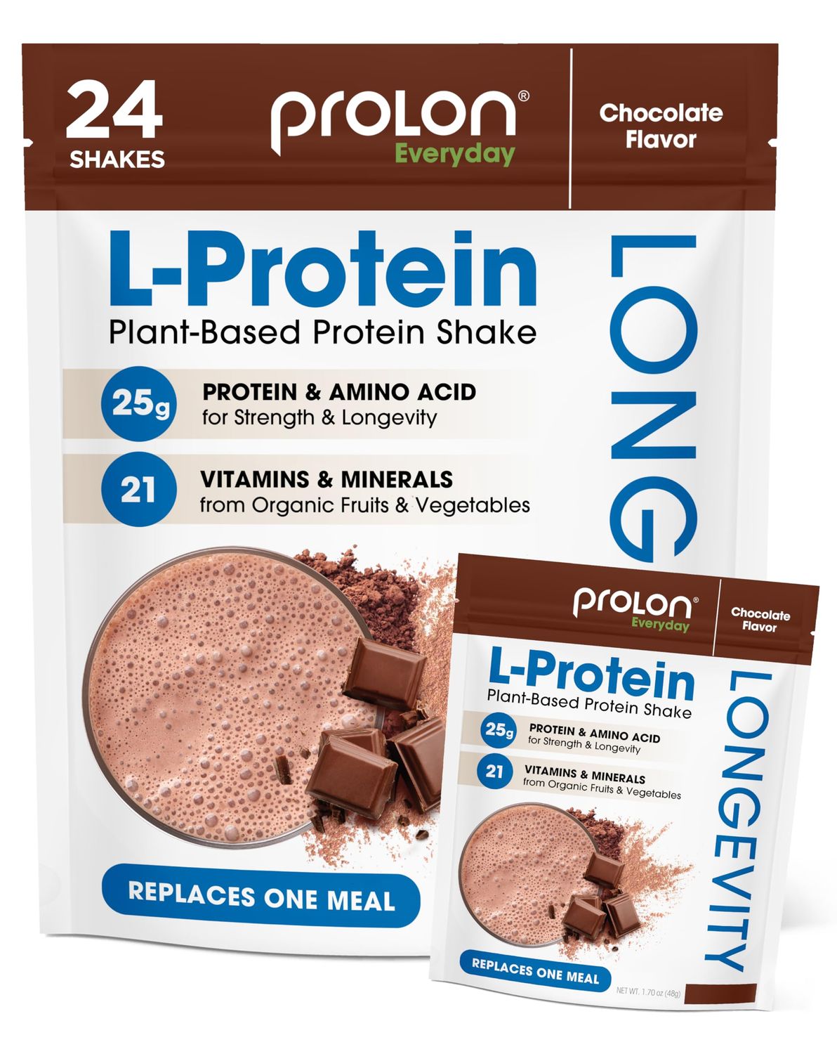 ProLon Longevity Plant Based Protein Powder  Muscle Synthesis &amp; Repair, Healthy Aging, Boost Performance  Vitamins, Gluten Free, Amino Acids, Antioxidants  25g of Protein  Chocolate, 24 Packets