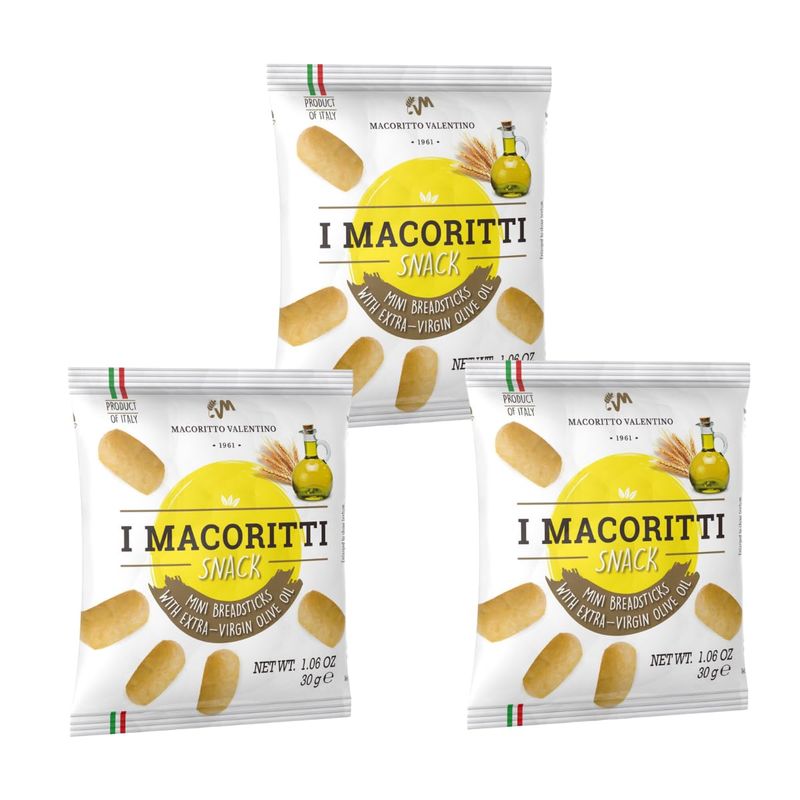 I Macoritti Snack Breadsticks with Extra Virgin Olive Oil - Authentic Italian Snack, Oven-Baked, Made in Italy - 1.06 oz, Pack of 3
