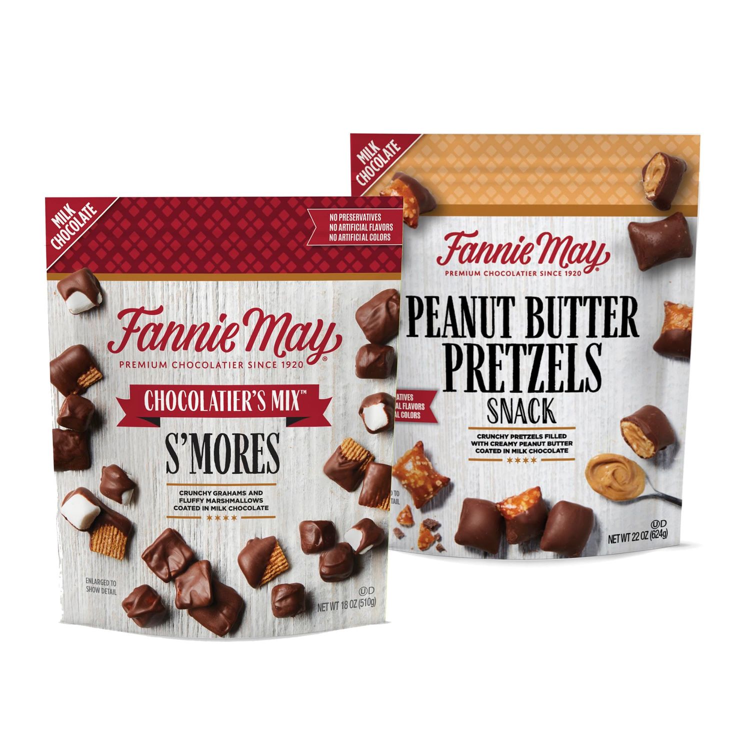 Fannie May, Milk Chocolate Candy, S&#39;mores Snack Mix and Peanut Butter Pretzel Snack, 2 Pack, 18 oz and 22 oz Bags