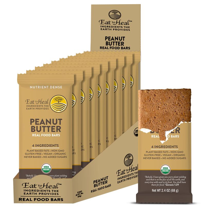 EatToHeal Peanut Butter Real Food Bar - Organic Vegan Healthy High Protein Bars - Low Sugar Meal Replacement, Non GMO, Never Baked, Plant Based, Gluten Free - Crafted to Enjoy, Not Sit on Shelves