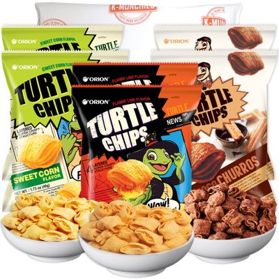 K-Munchies Orion Turtle Chips - 6 Variety Packs, 49g - Churro Chips (2), Sweet Corn Chips (2), and Flamin&#39; Lime Korean Chips (2) - Savory, Crispy Korean Snacks - On-The-Go Korean Corn Snack Chips