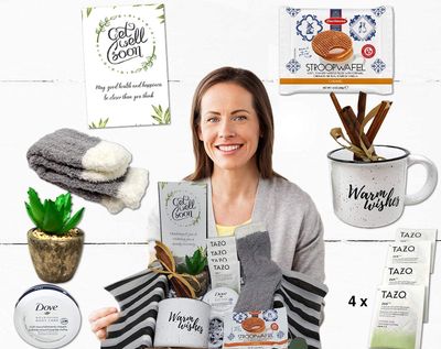 Get well soon Gift Basket for women Care Package w/snacks & greeting card, after-surgery hospital recovery variety gift, cancer, Injury Feel better soon, Speedy recovery encouragement gift