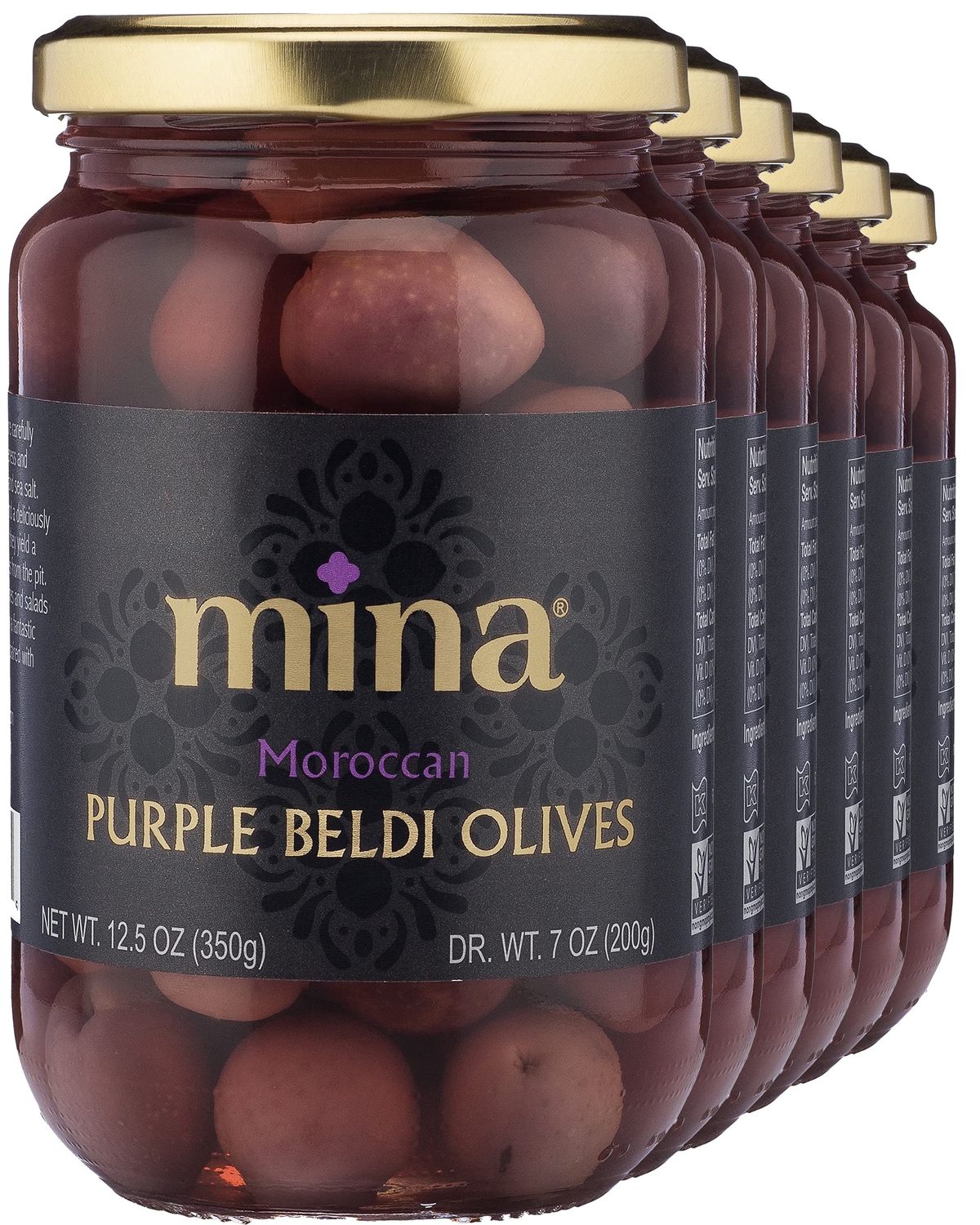 Mina Purple Beldi Olives, 12.5 oz (Pack of 6) - Moroccan Olives, Premium Handpicked and Naturally Cured Olives, Non GMO, Gluten Free, Low Carb, Vegan, Kosher, Great Paleo Keto Snacks