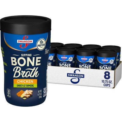 Swanson Sipping Bone Broth, Chicken Bone Broth with Ginger &amp; Turmeric, 10.75 Ounce Sipping Cup (Pack of 8)