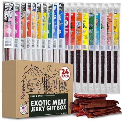 Buffalo Bob&#39;s Wild Game Meat Snacks (24 pack), Ultimate Exotic Jerky Gift Box for Men, Beef Jerky Variety Pack Gift, Multiple Wild Game Jerky Sticks, Beef Jerky Gift Basket for Anniversary &amp; Birthday
