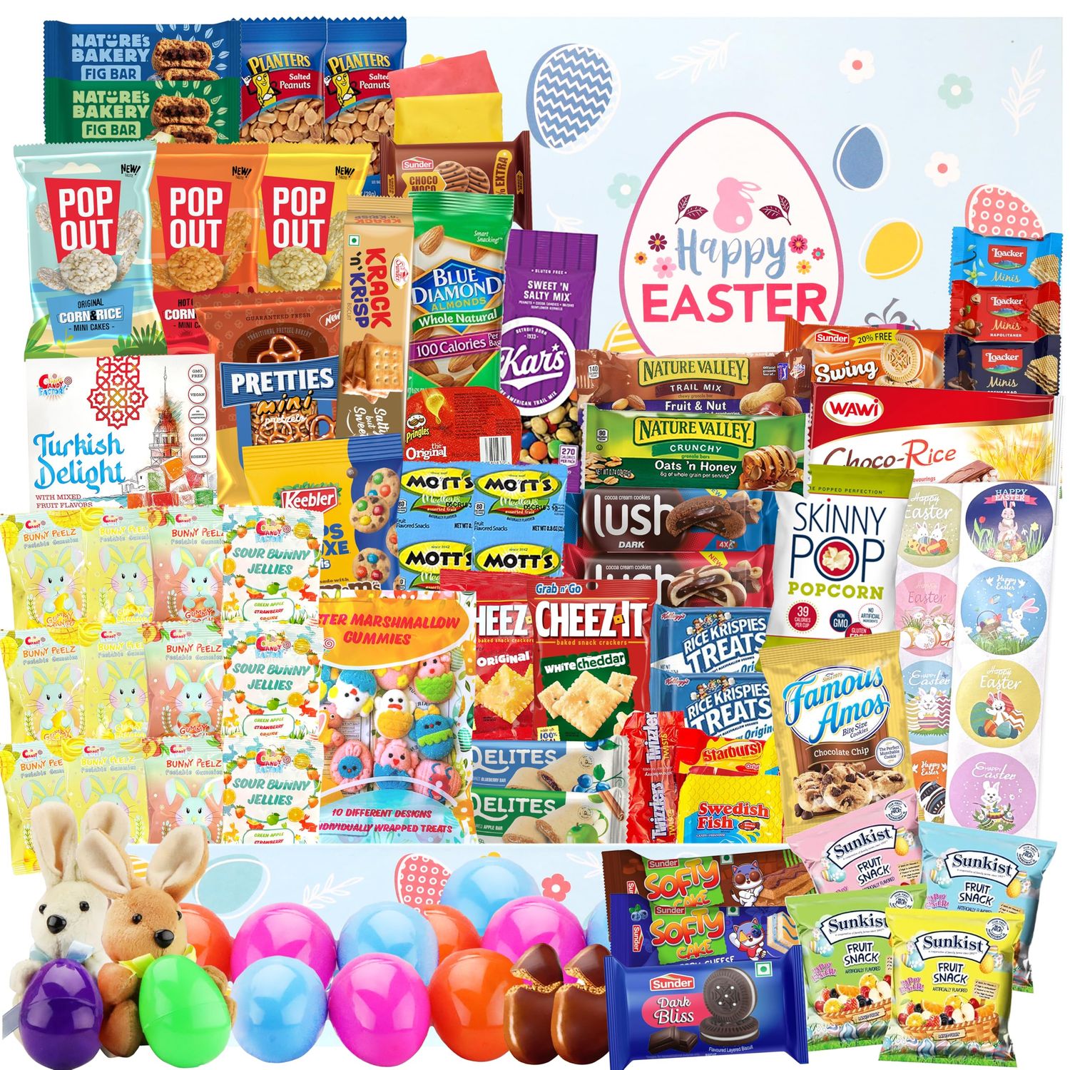 Easter Snack Box (114 Count) Filled with Candy, Treats and Bunny, Great Package for Family, Friends, Kids, Boys and Girls