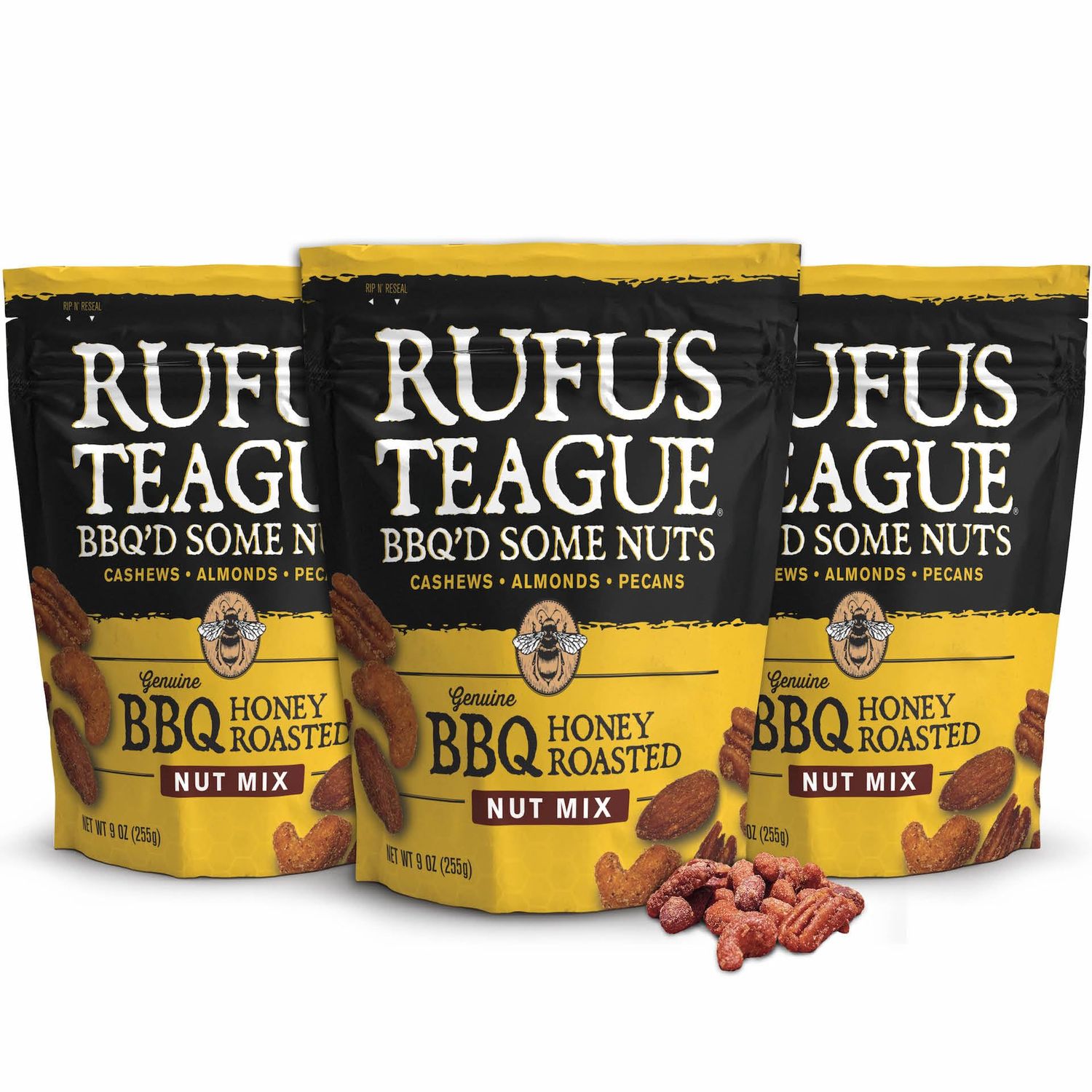 Rufus Teague BBQ Nut Mix - Smoky, Sweet &amp; Crunchy Honey Roasted Nuts - Almonds, Cashews &amp; Pecans (No Peanuts), 9 oz Resealable Pouch, 3 Pack