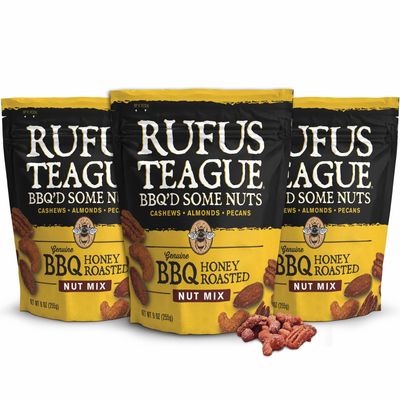 Rufus Teague BBQ Nut Mix - Smoky, Sweet &amp; Crunchy Honey Roasted Nuts - Almonds, Cashews &amp; Pecans (No Peanuts), 9 oz Resealable Pouch, 3 Pack