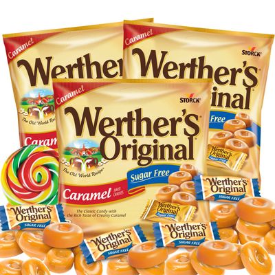 Werther&#39;s Original Caramel Sugar Free Hard Candies, Individually Wrapped Snacks for Adults, Gift Basket Stuffers, Pack of 3, 1.46 Ounces