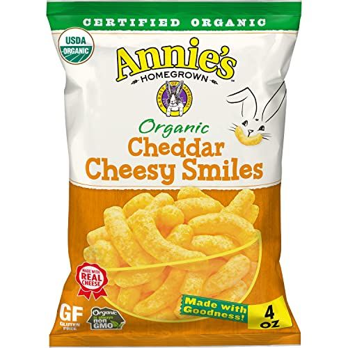 Annie&#39;s Organic Cheddar Cheesy Smiles, Baked Corn Puffs, Gluten Free, 4 oz