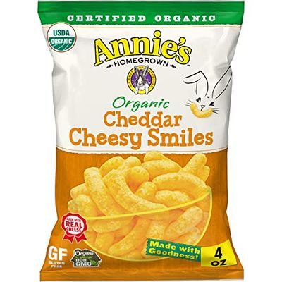 Annie&#39;s Organic Cheddar Cheesy Smiles, Baked Corn Puffs, Gluten Free, 4 oz