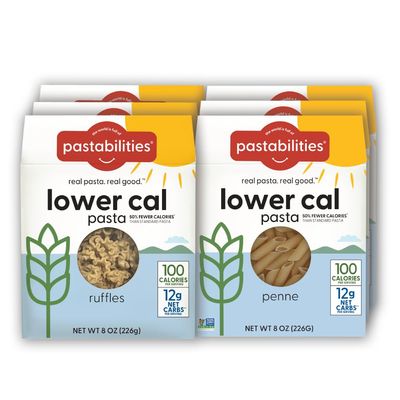 Pastabilities, Lower Calorie Pasta, Variety Pack (Penne &amp; Ruffles) - 100 Calories/Serving, 12g Net Carbs &amp; High Fiber - Delicious &amp; Nutritious Alternative to Traditional Pasta (8 Ounce, 6 Pack)