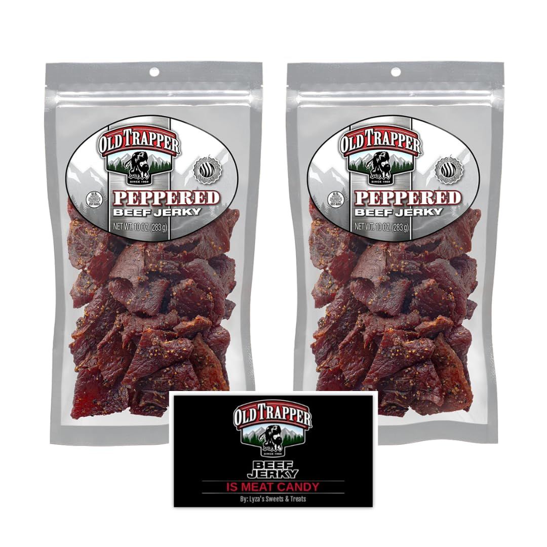 Old Trapper Peppered Beef Jerky Gift Set, Traditional Style Real Wood Smoked - Pack of 2, 10 oz. bags with Bonus Old Trapper Magnet by Lyza&#39;s Sweets &amp; Treats