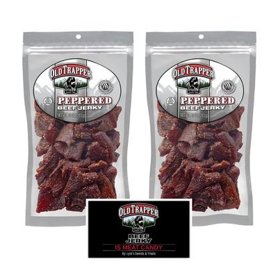 Old Trapper Peppered Beef Jerky Gift Set, Traditional Style Real Wood Smoked - Pack of 2, 10 oz. bags with Bonus Old Trapper Magnet by Lyza&#39;s Sweets &amp; Treats