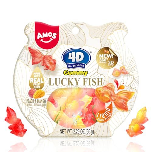 Amos 4D Gummy Lucky Fish Candy, 3D Goldfish-Shaped Gummies with Mango &amp; Peach Juice, 65g per Bag, Gluten-Free &amp; Sugar-Free Snack