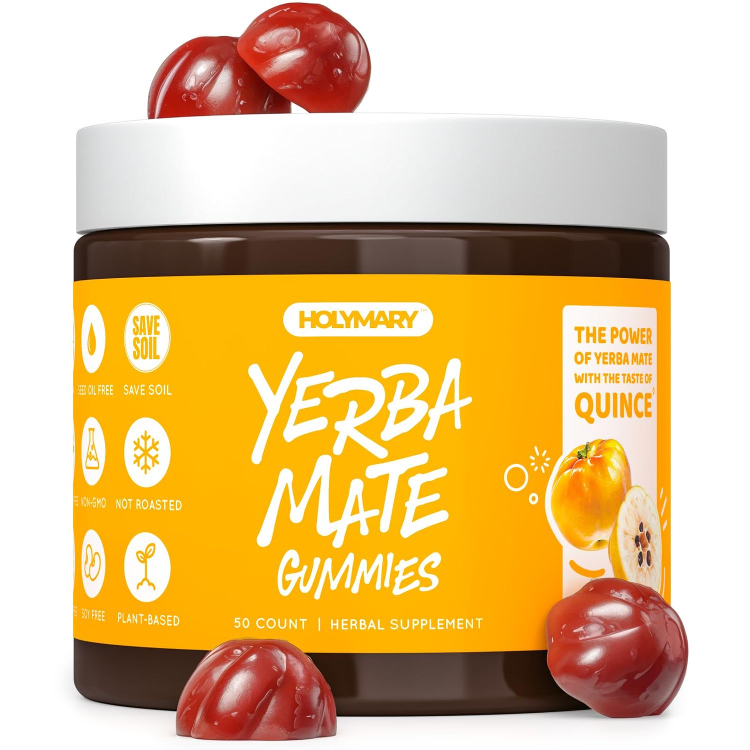 HOLYMARY Yerba Mate Gummies, Quince - Made with Organic, Unroasted Yerba Mate. Free from Added Caffeine. Vegan, Non-GMO, Gluten-Free, Kosher. 50 Delicious Supplement Gummies