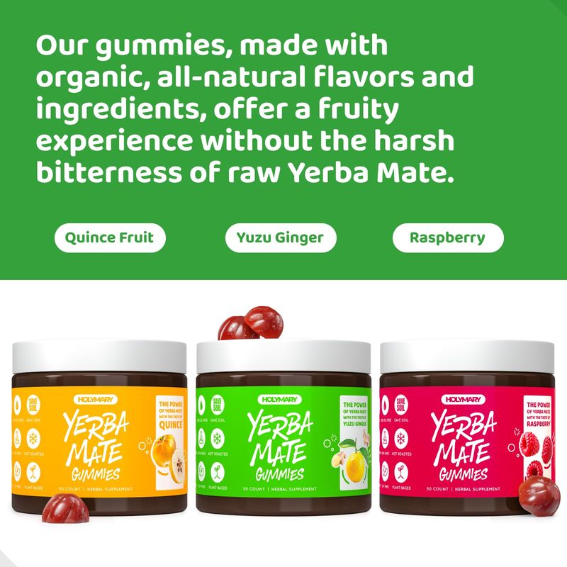HOLYMARY Yerba Mate Gummies, Quince - Made with Organic, Unroasted Yerba Mate. Free from Added Caffeine. Vegan, Non-GMO, Gluten-Free, Kosher. 50 Delicious Supplement Gummies