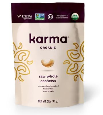 Organic Cashews by Karma Nuts, Vegan, Gluten Free, Low Net Carb, Natural, Everyday Nut Snack, Great For Baking, Resealable Bulk 32oz Bag (Resealable Bulk 32oz Bag, Organic Raw Whole Cashews)