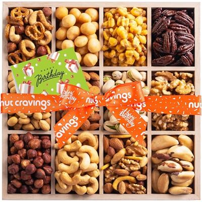 NUT CRAVINGS Gourmet Collection - Happy Birthday Nuts Gift Basket with HB Ribbon in Reusable Wooden Tray (12 Assortments) Food Platter, Bday Care Package Variety, Healthy Kosher