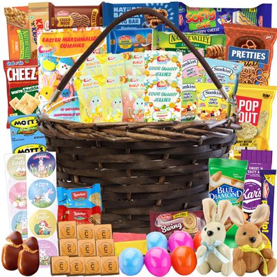 Easter Brown Round Willow Basket (70 ct) Filled with Treats, Snacks, Candy, Peelable Gummies, Marshmallow Gummies, Bunny and More, Great Package for Family, Friends, Boys and Girls