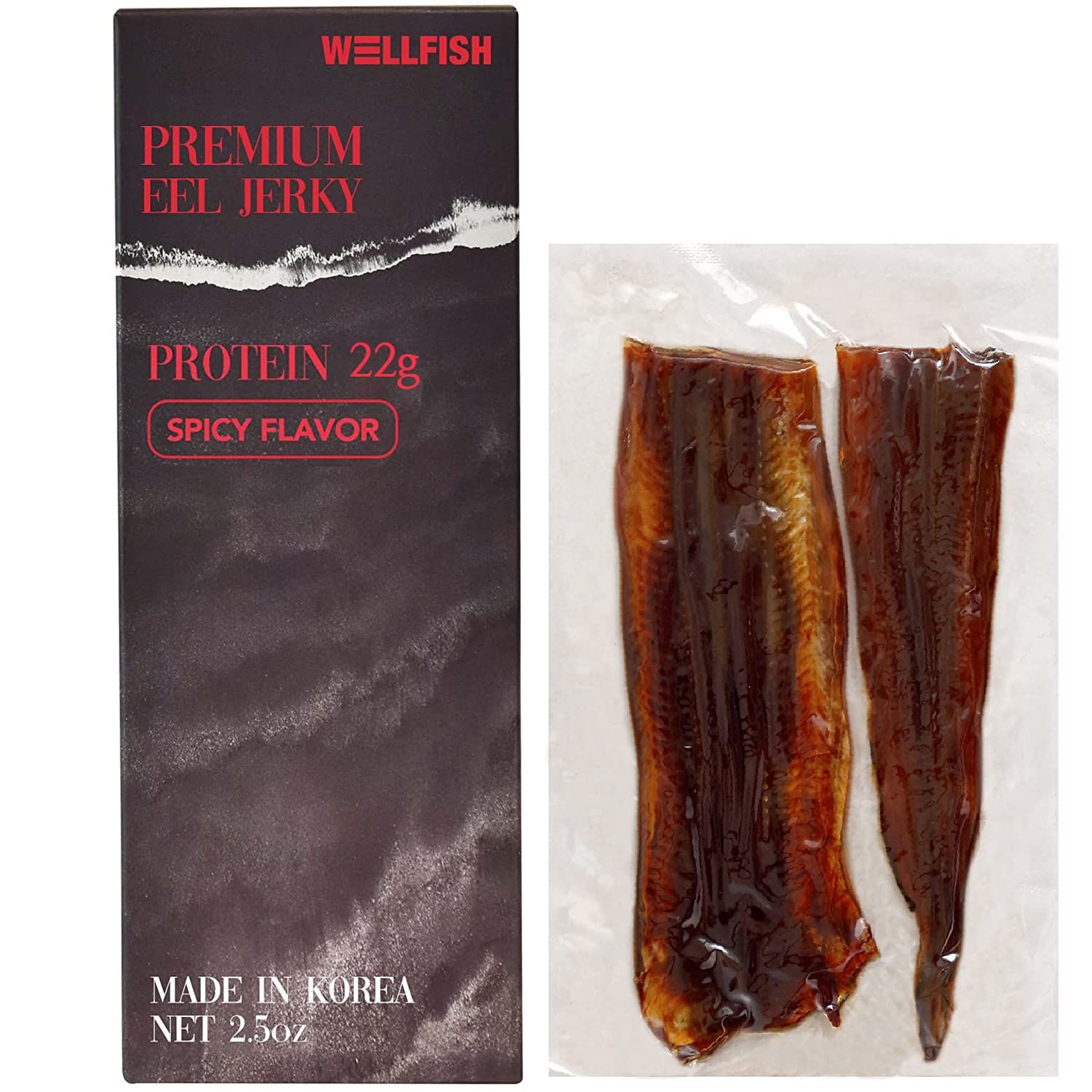 Wellfish Premium Eel Jerky (Spicy, 1 Pack) - High Protein Korean Meat Substitute, Ready to Eat, Daily Healthy Finger Food Bites, On-the-Go Snacks, Before and After Workout Snacks