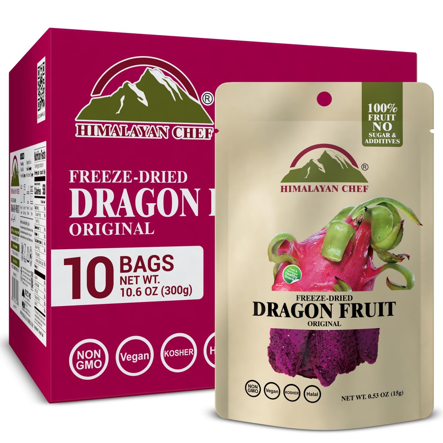 Himalayan Chef Freeze-Dried Dragon Fruit 15g/Each (Pack of 10)  Organic Dried Fruit Snacks, Healthy Snack for Kids &amp; Adults, Freeze-Dried Fruit