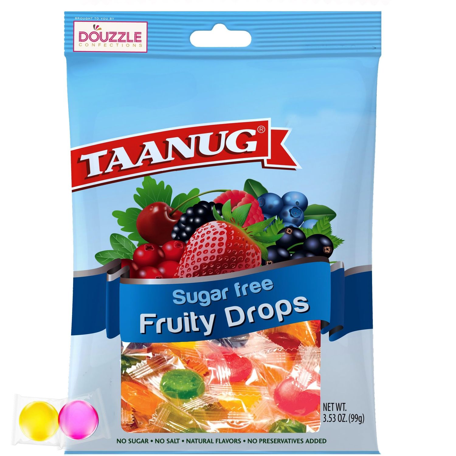 DOUzzle Sugar Free Mixed Fruit Hard Candy Drops, Dye Free (Pack of 1) Individually Wrapped Candies - Healthy Low Calorie Snack, Gluten Free, All Natural, No Preservatives, No Aftertaste - Kosher Parve