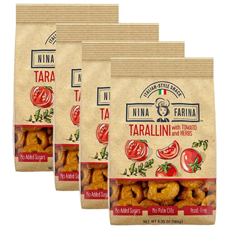 NINA FARINA Tarallini Tomato &amp; Herb-Fresh Baked Italian Crackers Free from Added Sugars, Palm Oils, Yeast - Italian Style Nutritious Tarallini Crackers Great for Health 6.35oz/bag (4PACK)