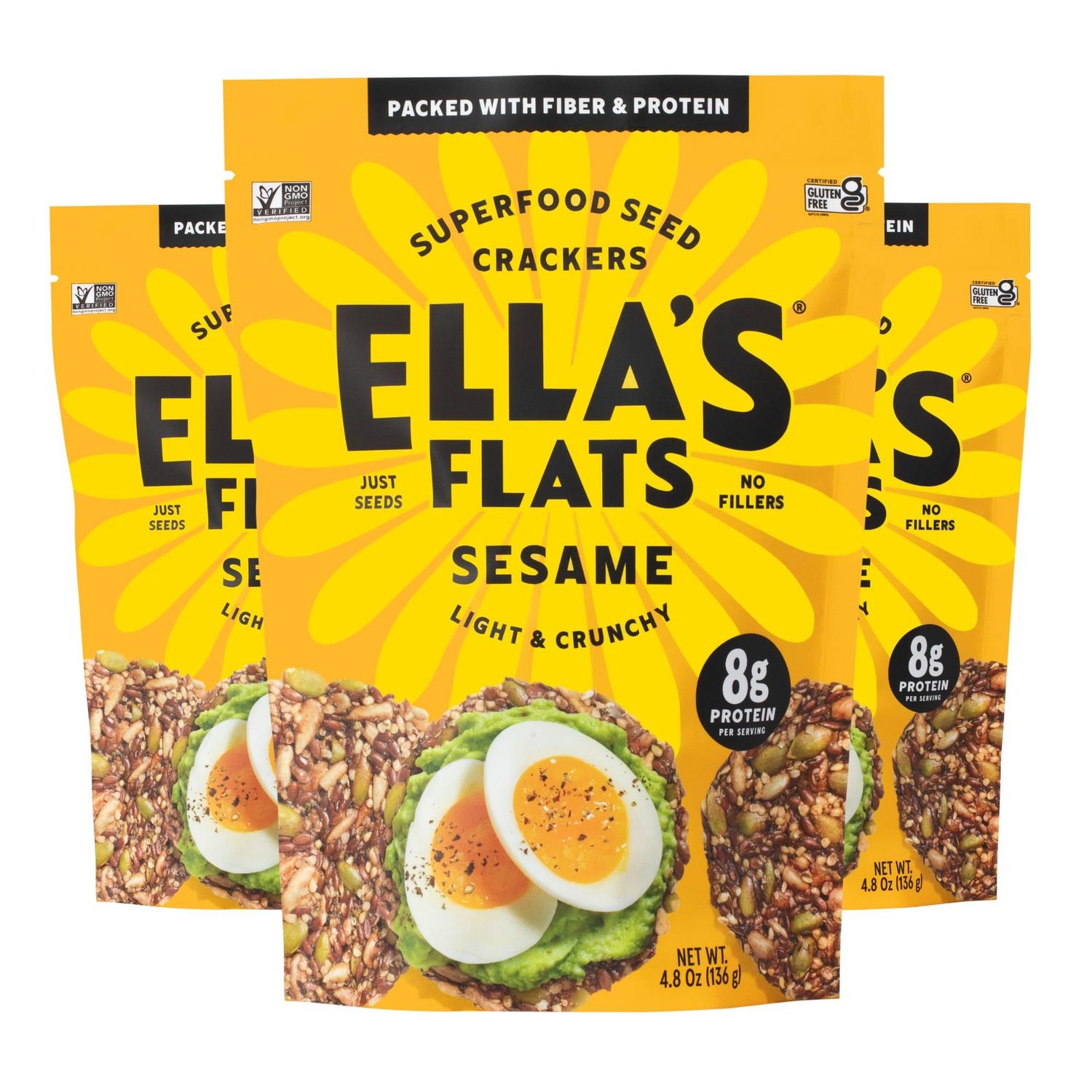 ELLAS FLATS Sesame All Seed Savory Crisps - All Natural, Gluten Free, Good Source of Protein, High Fiber, Vegan and Keto Friendly (3 Pack)