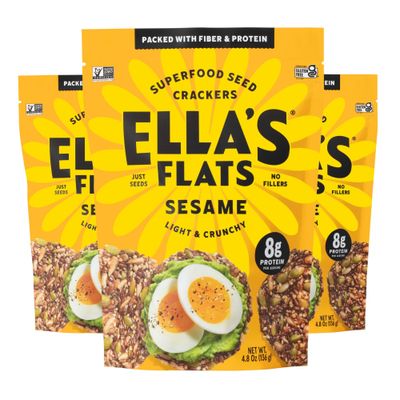 ELLAS FLATS Sesame All Seed Savory Crisps - All Natural, Gluten Free, Good Source of Protein, High Fiber, Vegan and Keto Friendly (3 Pack)